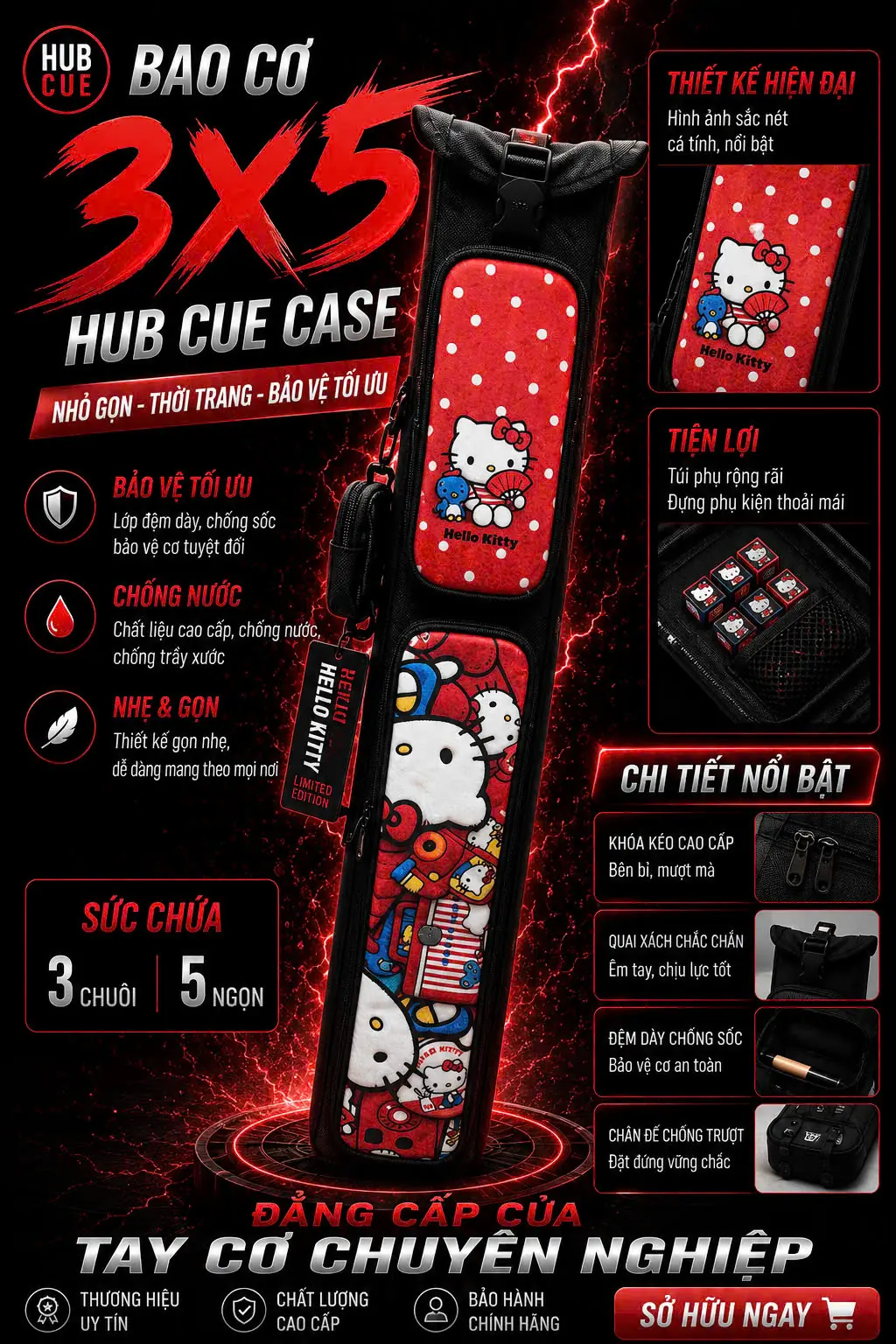 Bao Cơ Bida 3x5 Hello Kitty Đỏ