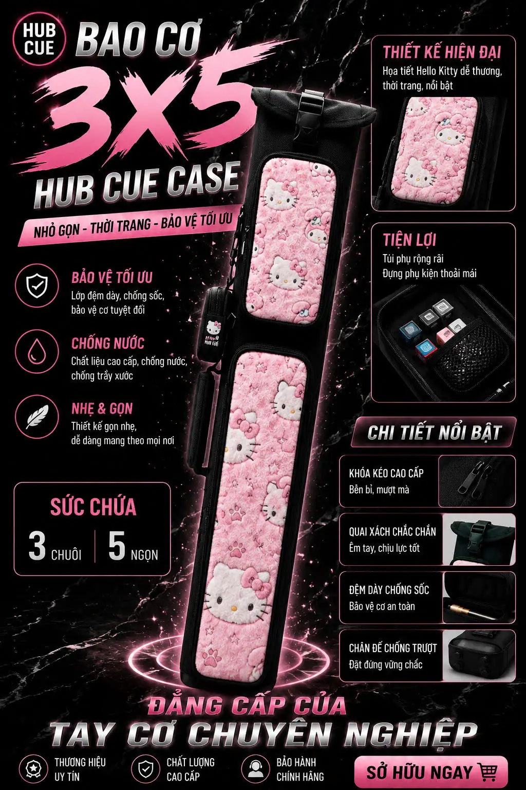 Bao Cơ Bida 3x5 Hello Kitty Hồng